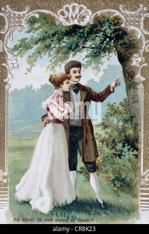 Couple on a romantic walk in the park, historic postcard, around 1900, kitsch Stock Photo