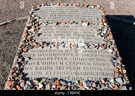 Trilingual memorial stone on the site of the Jewish special camp, Buchenwald memorial, former concentration camp near Weimar Stock Photo
