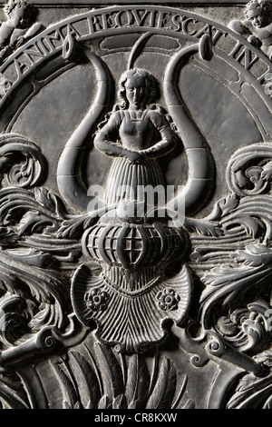 Ornate memorial plate of a cleric from the 16th century, Dom St. Marien, St Mary's Cathedral, or Erfurt Cathedral, Erfurt Stock Photo