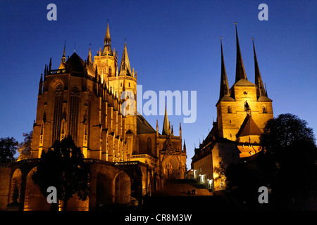 Dom St. Marien, St Mary's Cathedral, or Erfurt Cathedral, St. Severi church, illuminated, Domberg, Erfurt, Thuringia Stock Photo