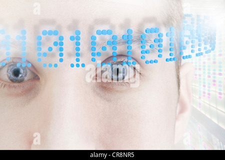 Businessman surrounded by ring of binary code Stock Photo