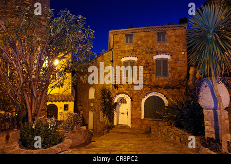 Small square in the historic district of Bormes-les-Mimosas at night, Provence-Alpes-Côte d'Azur region, France, Europe Stock Photo