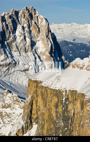 Langkofel or Sassolungo Mountain and the Sella Mountains in winter, Dolomites, Italy, Europe Stock Photo