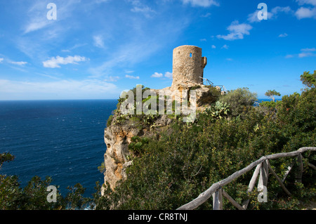 Torre des Verger, Torre de Ses Animes or Mirador de Ses Animes, old watch tower near Banyalbufar, Majorca, Balearic Islands Stock Photo