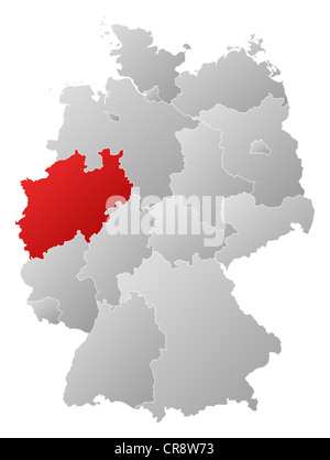 Political map of Germany with the several states where North Rhine-Westphalia is highlighted. Stock Photo