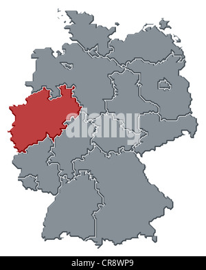 Political map of Germany with the several states where North Rhine-Westphalia is highlighted. Stock Photo