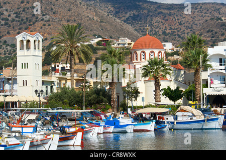 Boats in the harbour of Elounda, Crete, Greece, Europe Stock Photo