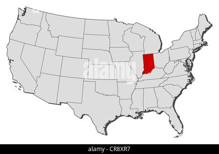 Political map of United States with the several states where Indiana is highlighted. Stock Photo