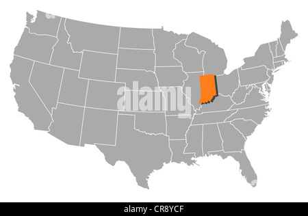 Political map of United States with the several states where Indiana is highlighted. Stock Photo