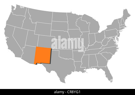 Political map of United States with the several states where New Mexico is highlighted. Stock Photo