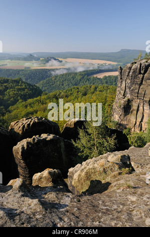 View of the Elbe valley with table mountains Kaiserkrone and Zirkelstein at back, Elbe Sandstone Mountains, Saxony Stock Photo