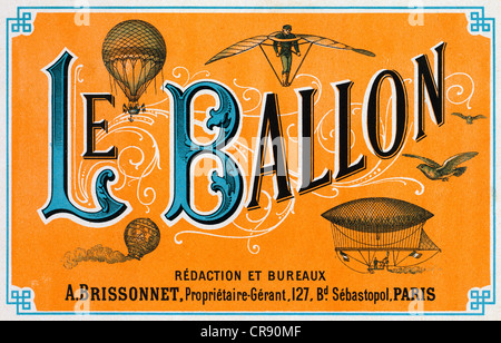 Restored French vintage 1883 Le Ballon in Paris lithograph featuring steampunk balloons and flying machines Stock Photo