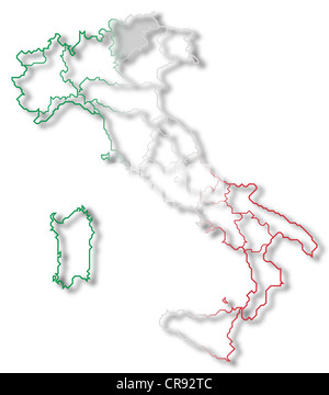 Political map of Italy with the several regions where Trentino-Alto Adige/Südtirol is highlighted. Stock Photo