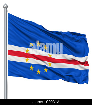 Flag of Cape Verde with flagpole waving in the wind against white background Stock Photo