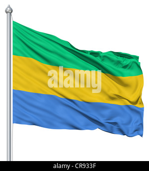 Flag of Gabon with flagpole waving in the wind against white background Stock Photo