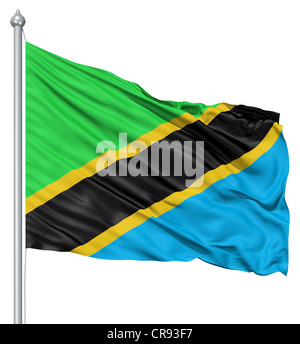 Flag of Tanzania with flagpole waving in the wind against white background Stock Photo