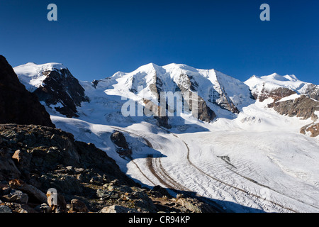 Mt Piz Palu, Vadret Pers Glacier at front, Mt Bellavista on the right, summit of Mt Piz Cambrena on the left, Grisons Stock Photo