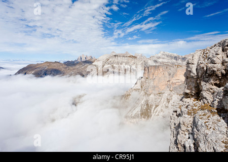 View on the way up to Gran Cir mountain above the Gardena Pass, on the fixed rope route, Dolomites, Langental valley, Stevia Stock Photo