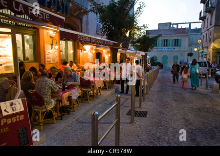 Restaurant, blue hour, Bonifacio, south coast, Corsica, France, Europe Stock Photo