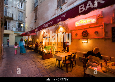 Restaurant, blue hour, Bonifacio, south coast, Corsica, France, Europe Stock Photo