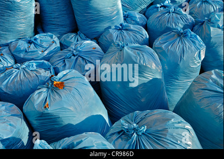 Filled light blue plastic rubbish bags, Bavaria, Germany, Europe Stock Photo