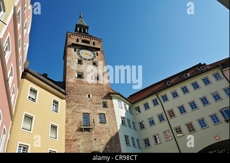 Main square with facades and Schmalzturm tower, Landsberg am Lech, Bavaria, Germany, Europe Stock Photo