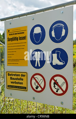 Warning signs on a construction site, Garching near Munich, Bavaria, Germany, Europe Stock Photo