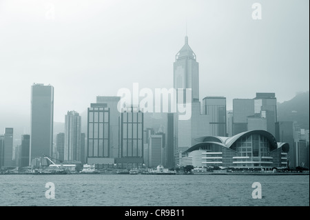 Hong Kong skyline black and white in a foggy day. Stock Photo