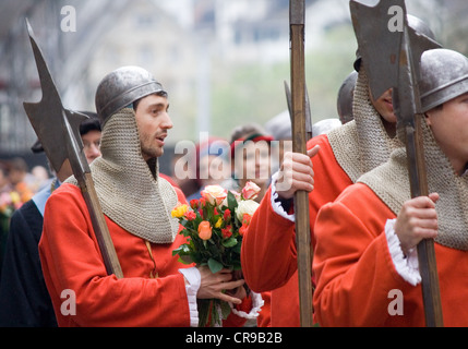 ZURICH - APRIL 16: Members of Constaffel guild during traditional annual spring parade of Guilds, symbolizing end of the winter Stock Photo
