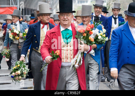 ZURICH - APRIL 16: Members of traditional annual spring parade of Guilds, symbolizing end of the winter Stock Photo