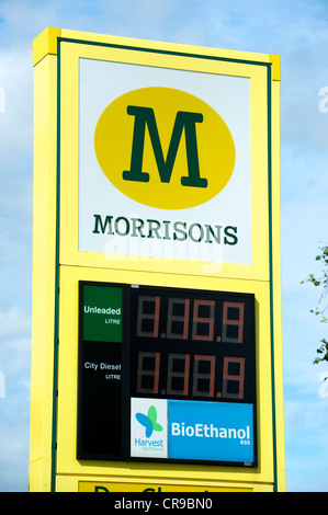 Morrisons Petrol Station Signs with prices for fuel Stock Photo