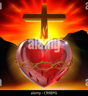 Illustration of the Christian symbol of the sacred heart. Heart shining with divine light, crown of thorns lance wound and flame Stock Photo