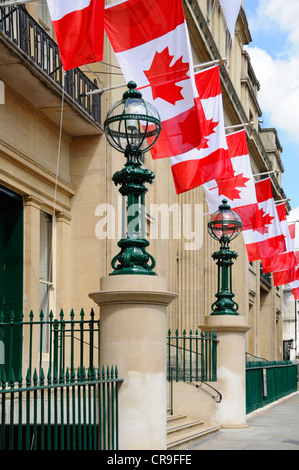Canadian flags outside the High Commission building entrance in Trafalgar Square London England UK
