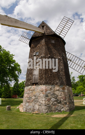 Michigan, Wyandotte, Greenfield Village. Historic Farris Windmill, said to be the oldest in the US. Used to grind corn. Stock Photo