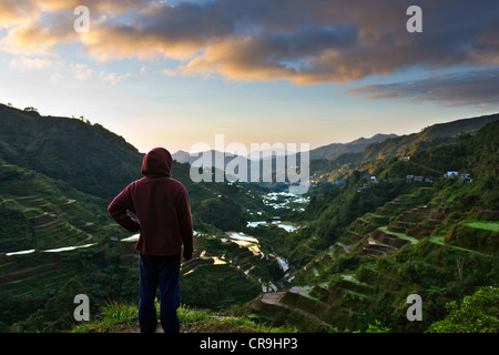 Tourist watching Rice Terraces of the Philippine Cordilleras, UNESCO World Heritage site, Banaue, Ifugao Province, Philippines Stock Photo