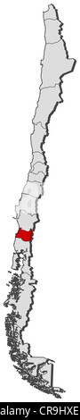 Political map of Chile with the several regions where Los Ríos is highlighted. Stock Photo