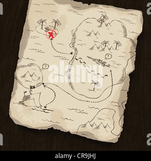 Treasure map on wooden background. Map under mask, you can change the location. Stock Photo