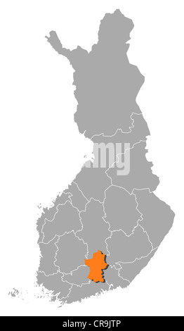 Political map of Finland with the several regions where Päijänne Tavastia is highlighted. Stock Photo