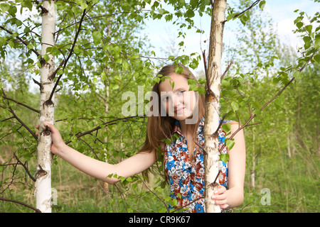 The girl among young birches in the afternoon Stock Photo
