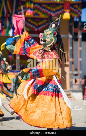 dance performers at Tsechu festival, Gangtey Gompa Monastery, Phobjikha valley, Bhutan, Asia Stock Photo