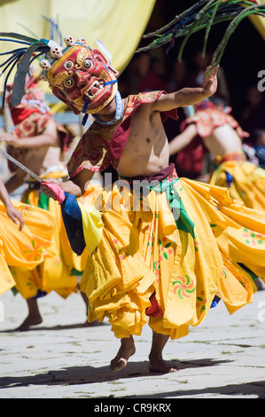 dance performers at Tsechu festival, Gangtey Gompa Monastery, Phobjikha valley, Bhutan, Asia Stock Photo