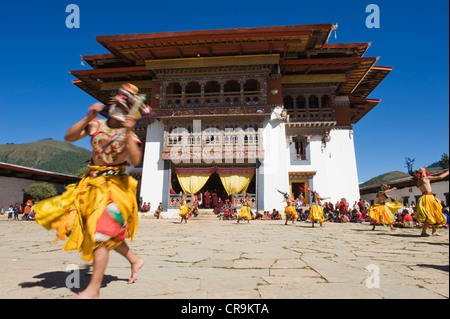 dance performers at Tsechu festival, Gangtey Gompa Monastery, Phobjikha valley, Bhutan, Asia Stock Photo