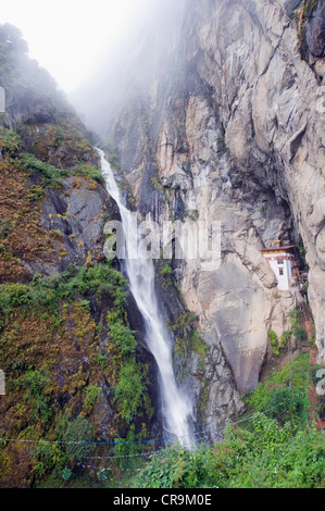 waterfall at Tigers Nest, Taktshang Goemba, Paro Valley, Bhutan, Asia Stock Photo