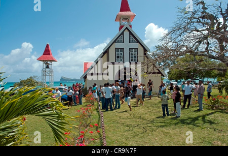 Notre, Dame, Auxiliatrice church, also known as the red roofed church, at Cap Malheureux, Mauritius Stock Photo