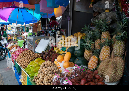 Durian, mango, pineapple, rambutan and other fruits sold on street in Phuket, Thailand Stock Photo