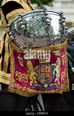 Royal Life guards ceremonial drum on horse back. Trooping The Colour to celebrate The Queen's Birthday. The Mall, London, UK. Stock Photo