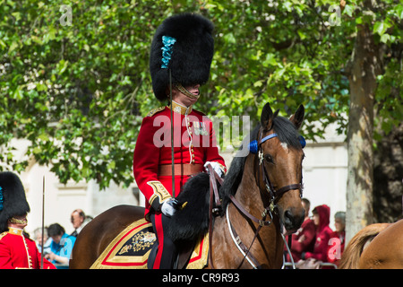 1st battalion Irish guards officer on horseback in the Mall for Trooping The Colour. The Mall, London, UK.