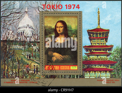 Devoted to the international philatelic exhibition FILATOKYO-74, shows the Mona Lisa, Leonardo da Vinci, circa 1973 Stock Photo