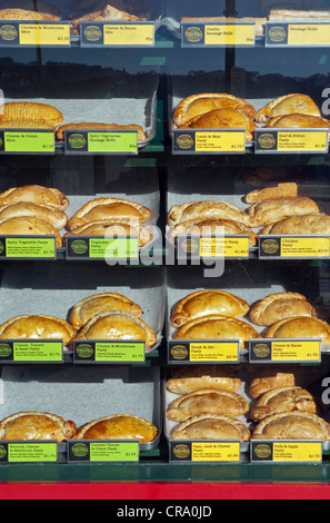 Cornish pasties on sale in a bakery, cornwall, uk Stock Photo
