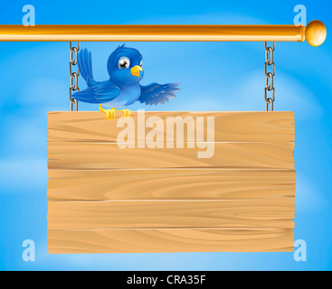 Illustration of a blue bird standing on a on wooden sign Stock Photo